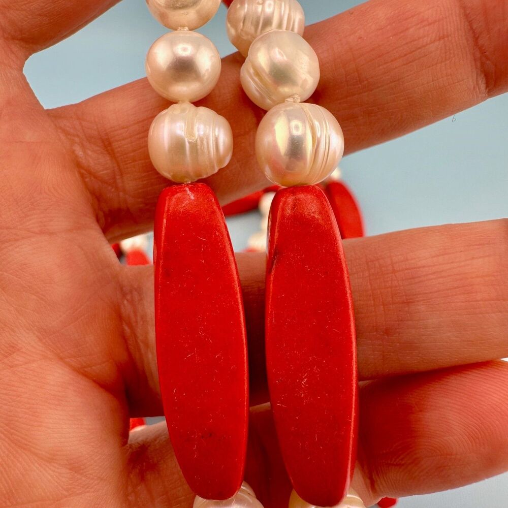 Vintage Red Stone Genuine Pearl Necklace Flapper 64" Knotted Statement Heavy - Picture 9 of 15